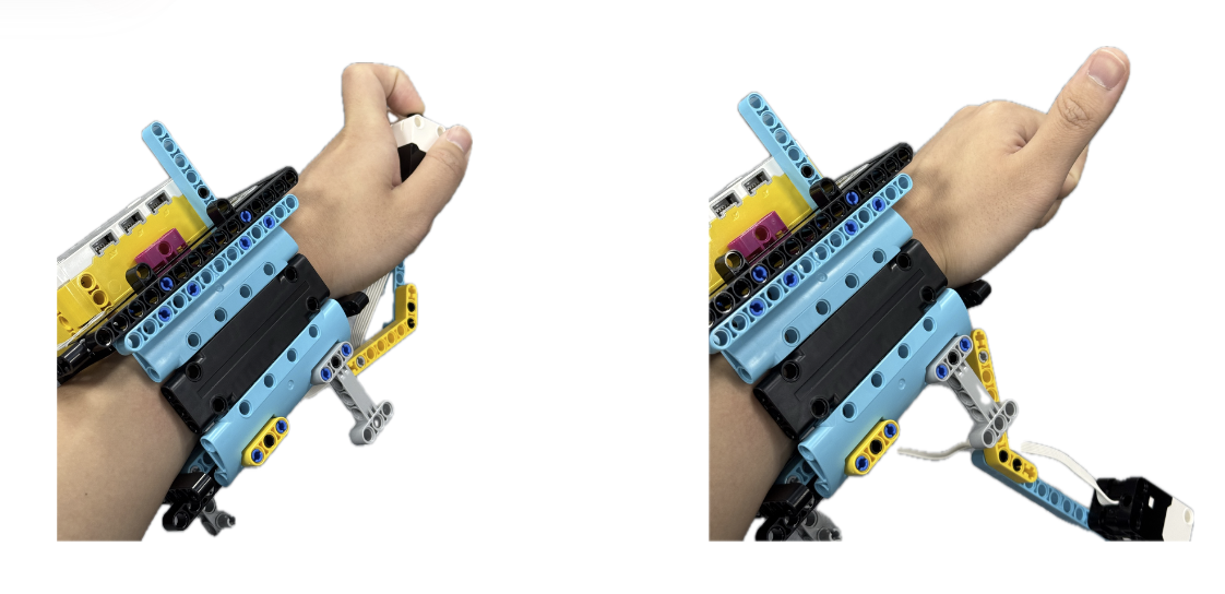 Two views of the prototype worn on a wrist, showing the hub, frame, and moving linkage.
